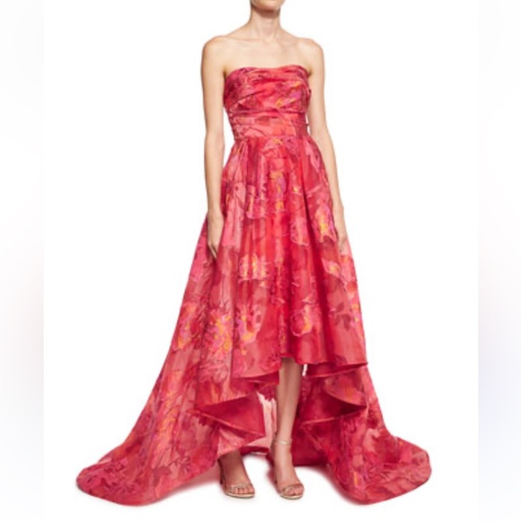 MARCHESA NOTTE Strapless Floral Fil Coupe High-Low Gown 🧡🩷 - Picture 2 of 4